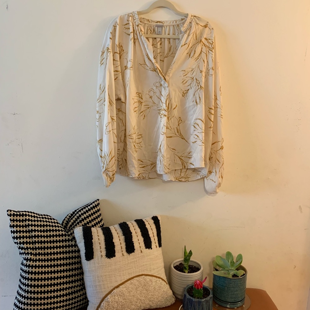Tan and floral long sleeve blouse